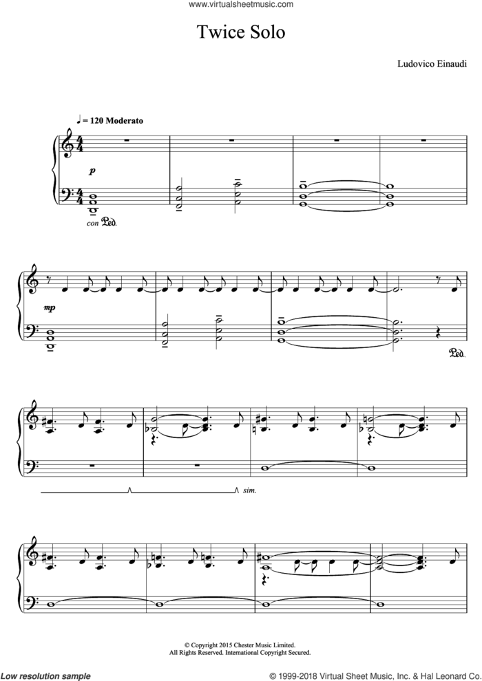 Twice Solo sheet music for piano solo by Ludovico Einaudi, classical score, intermediate skill level
