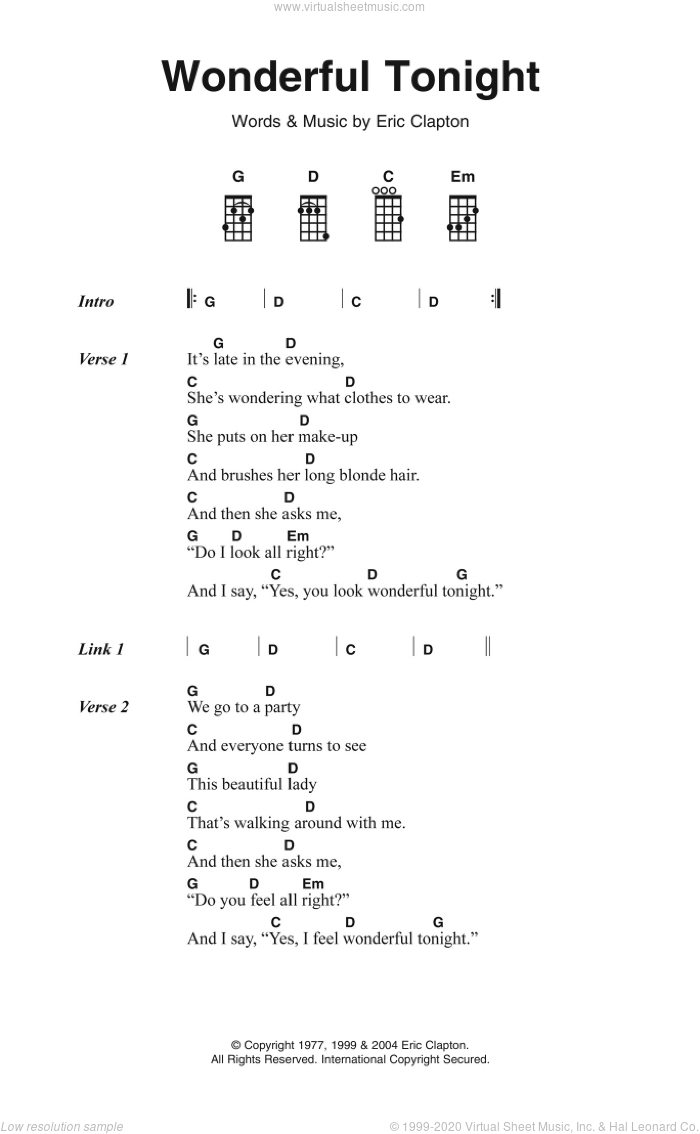 Wonderful Tonight sheet music for voice, piano or guitar by Eric Clapton, wedding score, intermediate skill level