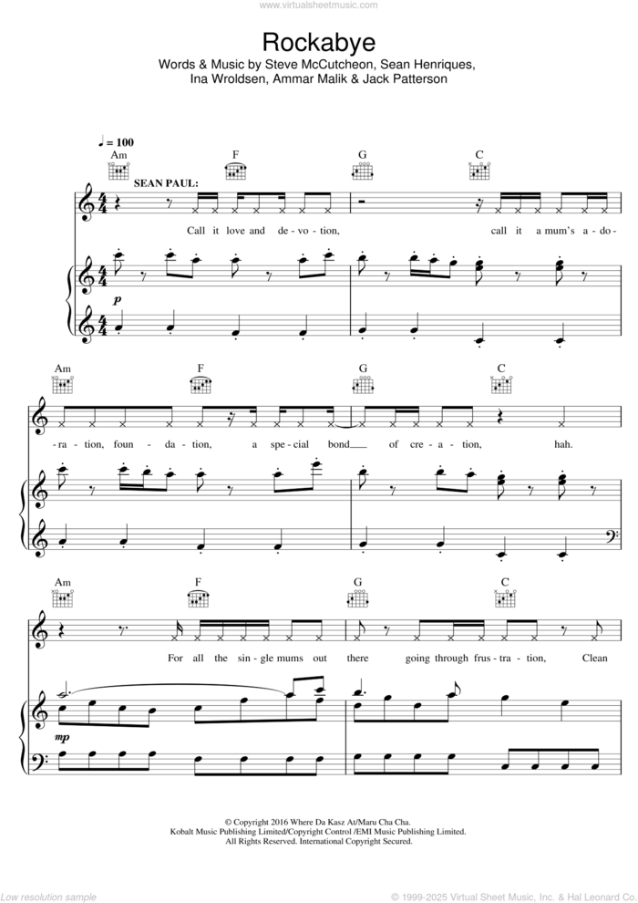 Rockabye (featuring Sean Paul) sheet music for voice, piano or guitar by Clean Bandit, Anne-Marie, Sean Paul, Ammar Malik, Ina Wroldsen, Jack Patterson, Sean Henriques and Steve McCutcheon, intermediate skill level