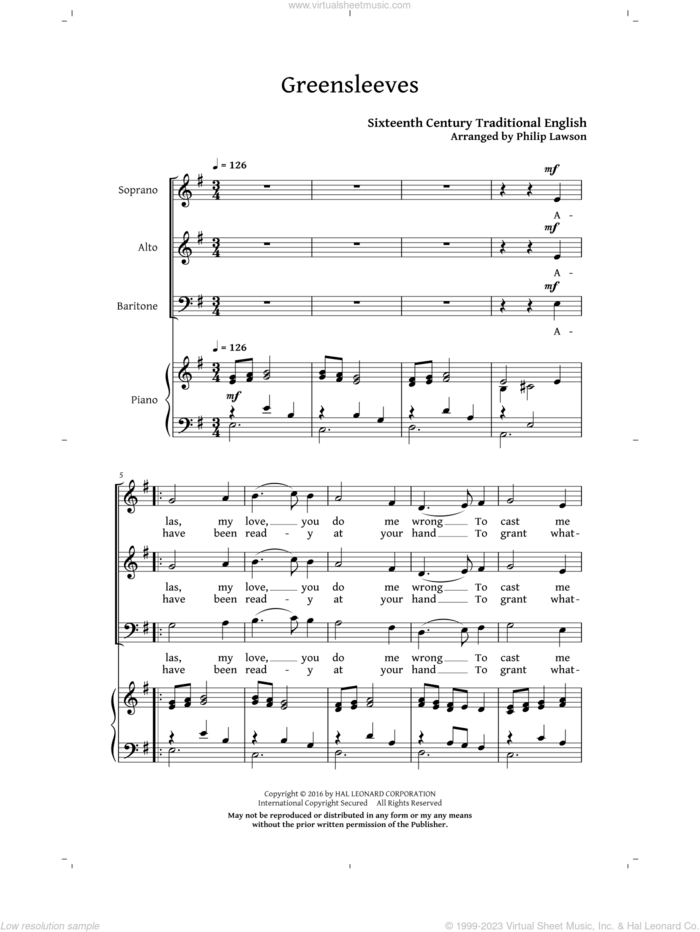 Greensleeves sheet music for choir (SAB: soprano, alto, bass) by Philip Lawson and Miscellaneous, intermediate skill level