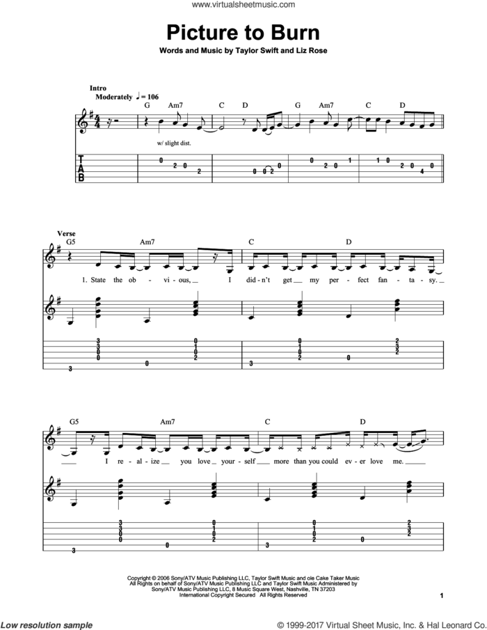 Picture To Burn sheet music for guitar solo (easy tablature) by Taylor Swift and Liz Rose, easy guitar (easy tablature)