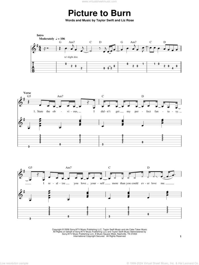 Picture To Burn sheet music for guitar solo (easy tablature) by Taylor Swift and Liz Rose, easy guitar (easy tablature)