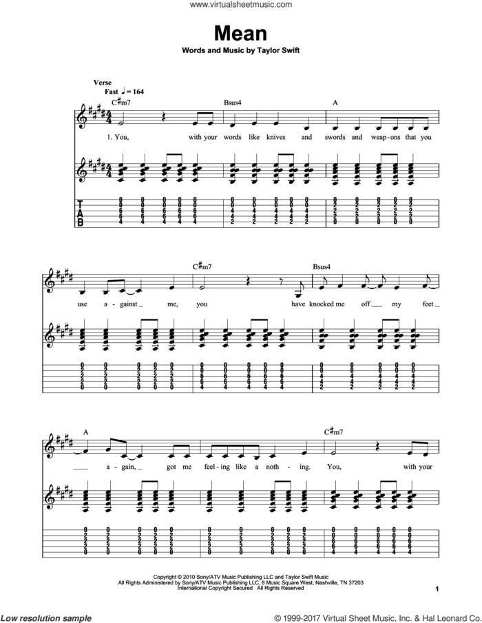 Mean sheet music for guitar solo (easy tablature) by Taylor Swift, easy guitar (easy tablature)