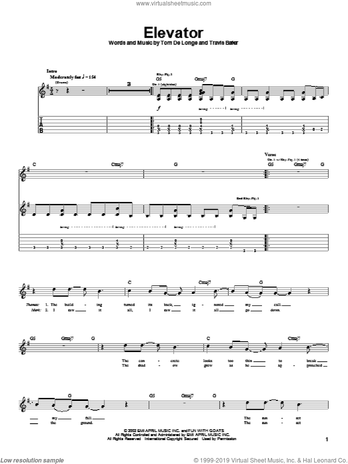 Elevator sheet music for guitar (tablature) by Box Car Racer, Tom DeLonge and Travis Barker, intermediate skill level