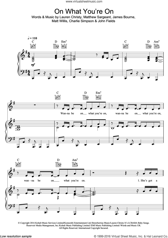On What You're On sheet music for voice, piano or guitar by Busted, Charlie Simpson, James Bourne, John Fields, Lauren Christy, Matt Willis and Matthew Sargeant, intermediate skill level