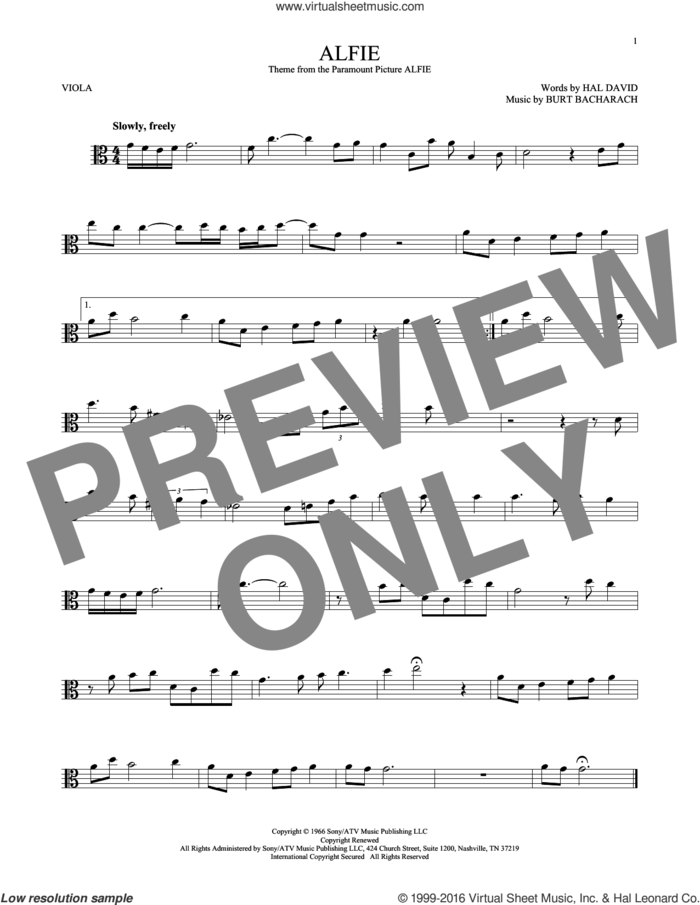 Alfie sheet music for viola solo by Dionne Warwick, Cher, Miscellaneous, Sonny Rollins, Stevie Wonder, Burt Bacharach and Hal David, intermediate skill level