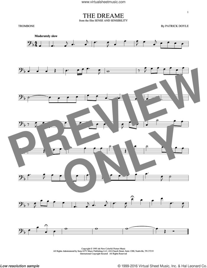 The Dreame sheet music for trombone solo by Patrick Doyle, intermediate skill level