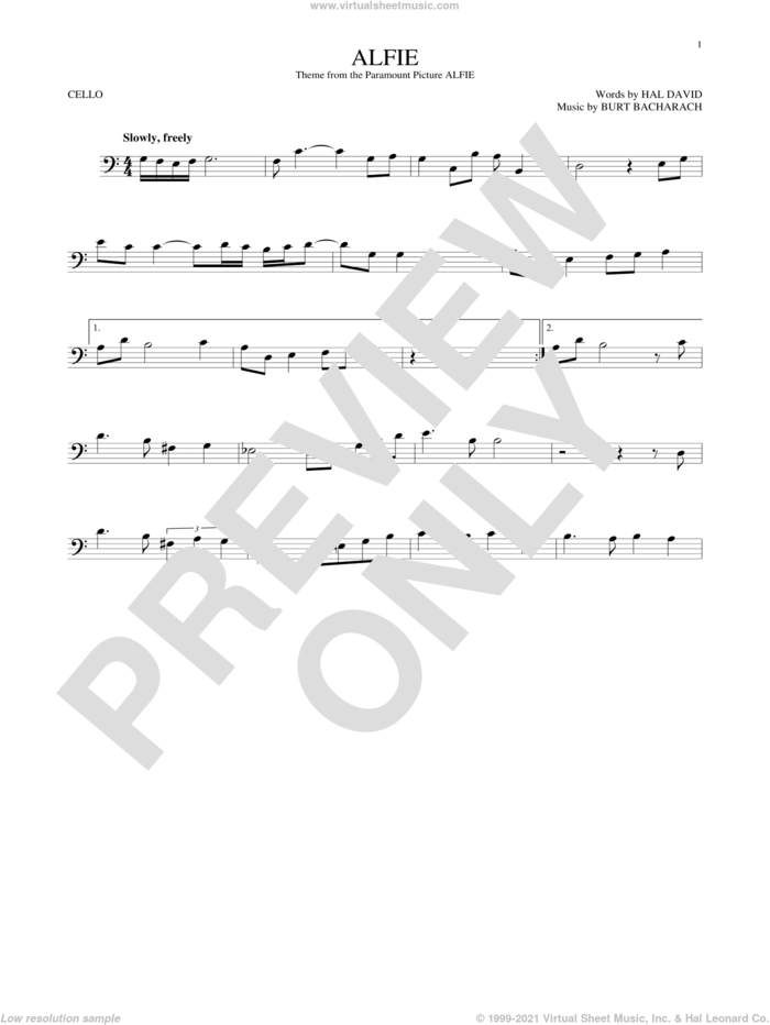Alfie sheet music for cello solo by Dionne Warwick, Cher, Miscellaneous, Sonny Rollins, Stevie Wonder, Burt Bacharach and Hal David, intermediate skill level