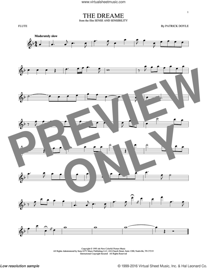 The Dreame sheet music for flute solo by Patrick Doyle, intermediate skill level