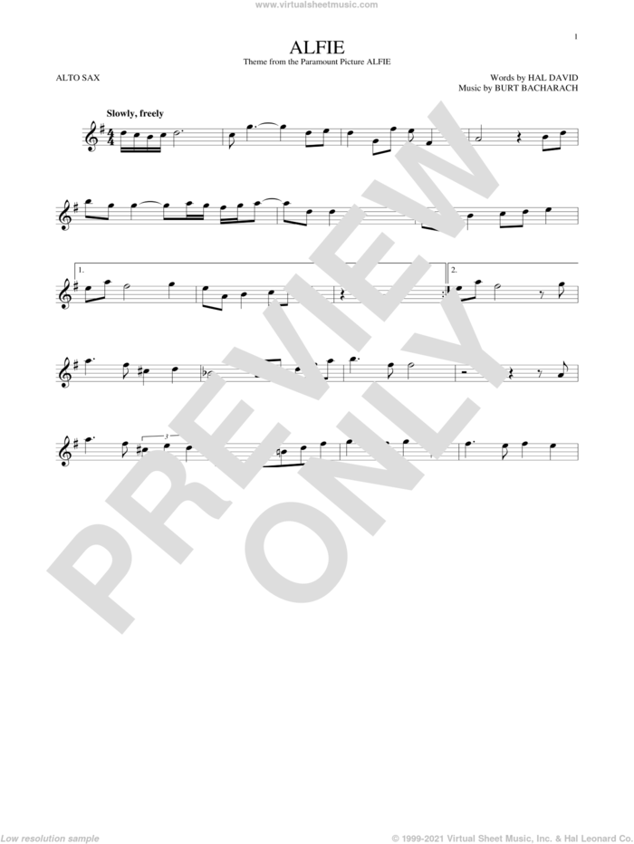 Alfie sheet music for alto saxophone solo by Dionne Warwick, Cher, Miscellaneous, Sonny Rollins, Stevie Wonder, Burt Bacharach and Hal David, intermediate skill level