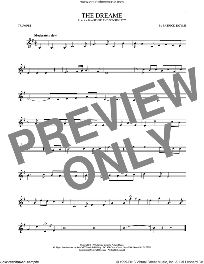The Dreame sheet music for trumpet solo by Patrick Doyle, intermediate skill level