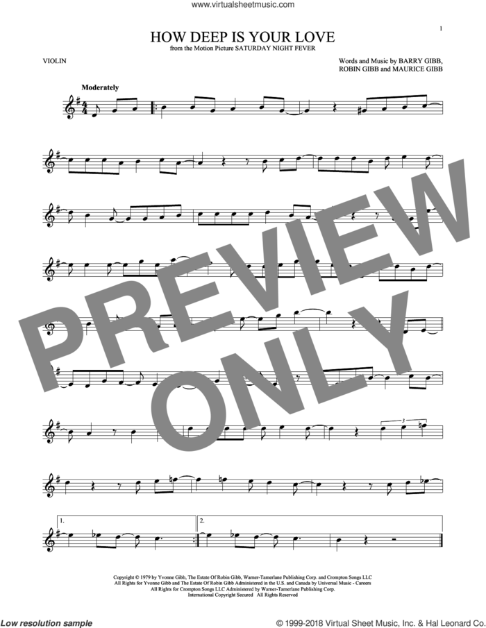 How Deep Is Your Love sheet music for violin solo by Barry Gibb, Bee Gees, Maurice Gibb and Robin Gibb, intermediate skill level