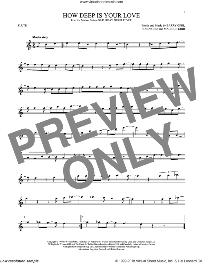 How Deep Is Your Love sheet music for flute solo by Barry Gibb, Bee Gees, Maurice Gibb and Robin Gibb, intermediate skill level