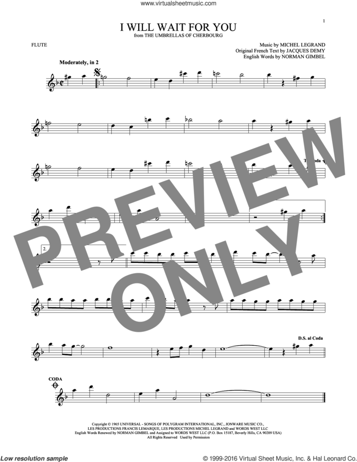 I Will Wait For You sheet music for flute solo by Michel Legrand, Jacques Demy and Norman Gimbel, intermediate skill level