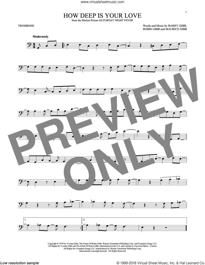 How Deep Is Your Love sheet music for trombone solo by Barry Gibb, Bee Gees, Maurice Gibb and Robin Gibb, intermediate skill level