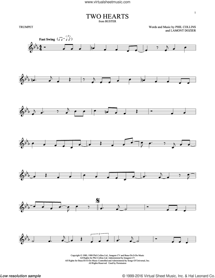 Two Hearts sheet music for trumpet solo by Phil Collins and Lamont Dozier, intermediate skill level