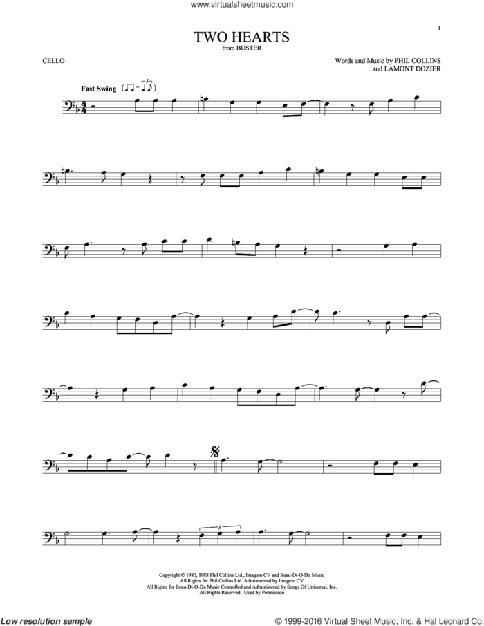 Two Hearts sheet music for cello solo by Phil Collins and Lamont Dozier, intermediate skill level