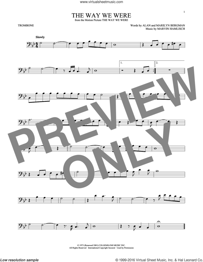The Way We Were sheet music for trombone solo by Barbra Streisand, Alan Bergman, Marilyn Bergman and Marvin Hamlisch, intermediate skill level