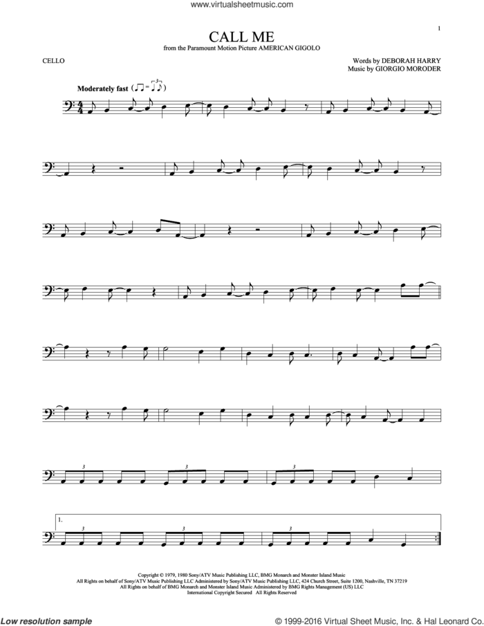Call Me sheet music for cello solo by Blondie, Deborah Harry and Giorgio Moroder, intermediate skill level