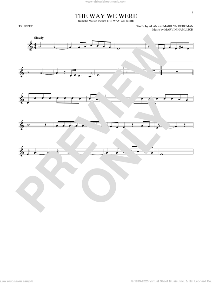 The Way We Were sheet music for trumpet solo by Barbra Streisand, Alan Bergman, Marilyn Bergman and Marvin Hamlisch, intermediate skill level