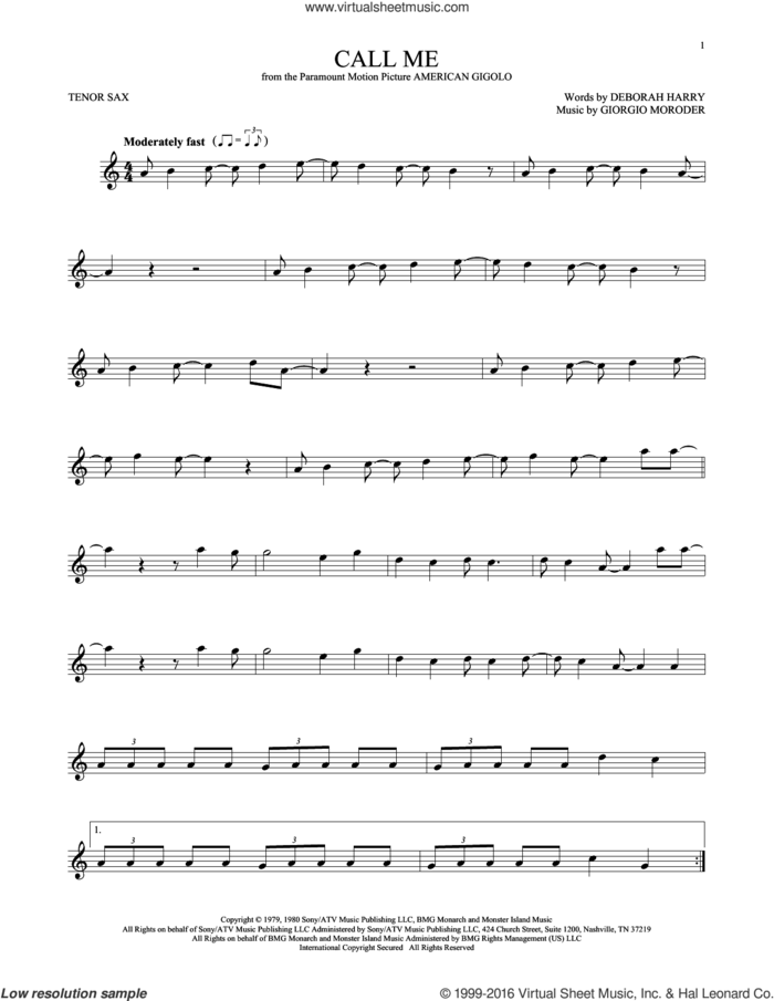 Call Me sheet music for tenor saxophone solo by Blondie, Deborah Harry and Giorgio Moroder, intermediate skill level