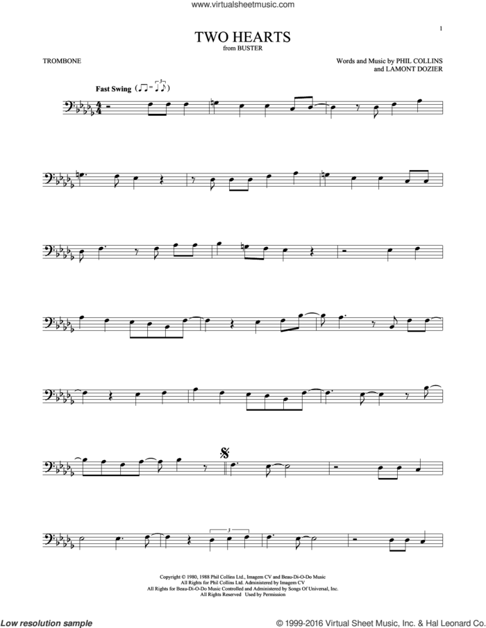 Two Hearts sheet music for trombone solo by Phil Collins and Lamont Dozier, intermediate skill level