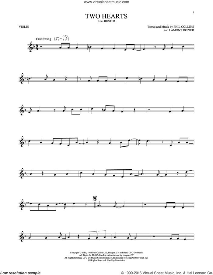 Two Hearts sheet music for violin solo by Phil Collins and Lamont Dozier, intermediate skill level