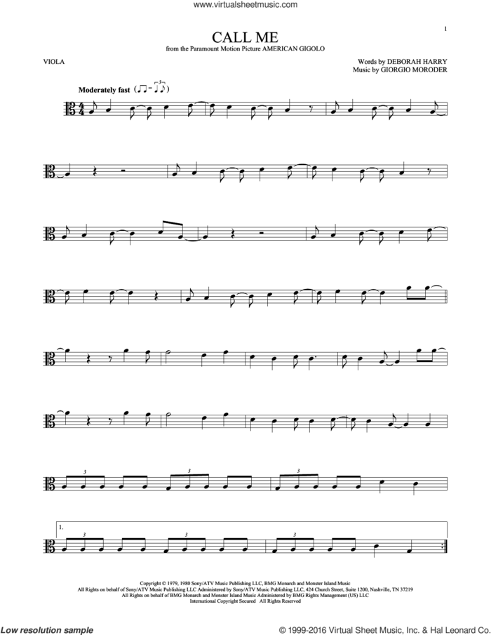 Call Me sheet music for viola solo by Blondie, Deborah Harry and Giorgio Moroder, intermediate skill level