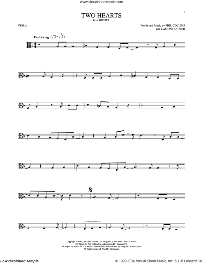 Two Hearts sheet music for viola solo by Phil Collins and Lamont Dozier, intermediate skill level