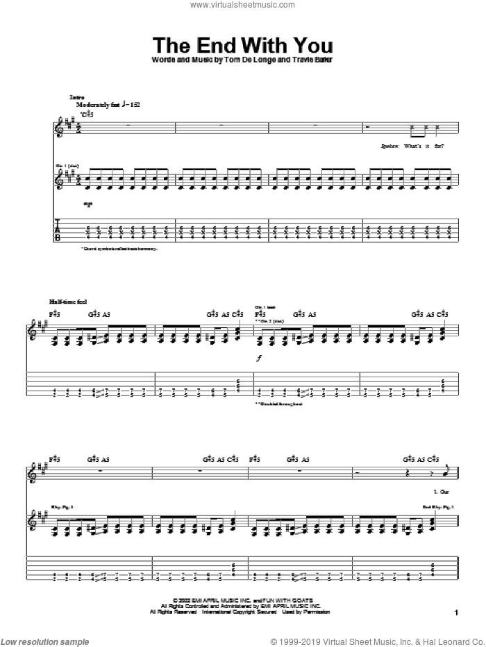 The End With You sheet music for guitar (tablature) by Box Car Racer, Tom DeLonge and Travis Barker, intermediate skill level