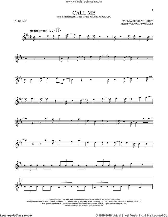 Call Me sheet music for alto saxophone solo by Blondie, Deborah Harry and Giorgio Moroder, intermediate skill level