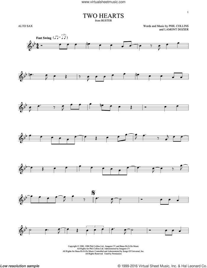 Two Hearts sheet music for alto saxophone solo by Phil Collins and Lamont Dozier, intermediate skill level