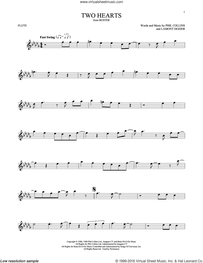 Two Hearts sheet music for flute solo by Phil Collins and Lamont Dozier, intermediate skill level