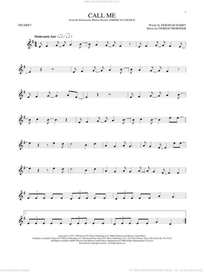 Call Me sheet music for trumpet solo by Blondie, Deborah Harry and Giorgio Moroder, intermediate skill level
