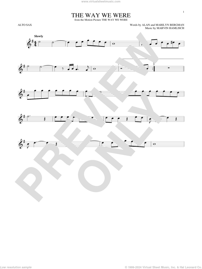 The Way We Were sheet music for alto saxophone solo by Barbra Streisand, Alan Bergman, Marilyn Bergman and Marvin Hamlisch, intermediate skill level