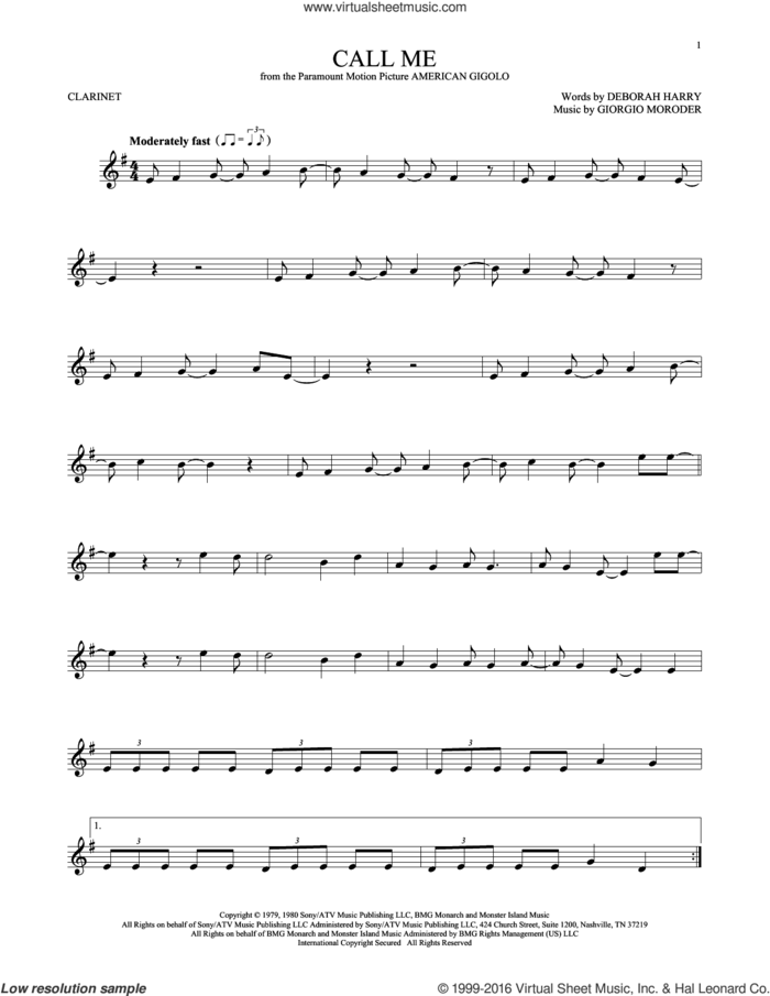 Call Me sheet music for clarinet solo by Blondie, Deborah Harry and Giorgio Moroder, intermediate skill level