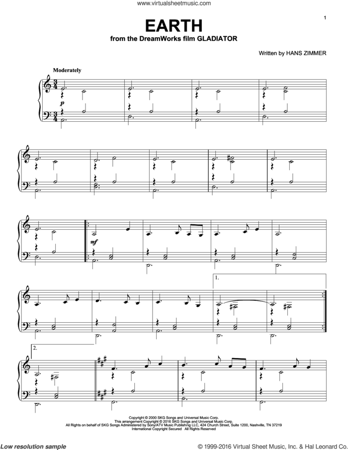 Earth sheet music for piano solo by Hans Zimmer, intermediate skill level