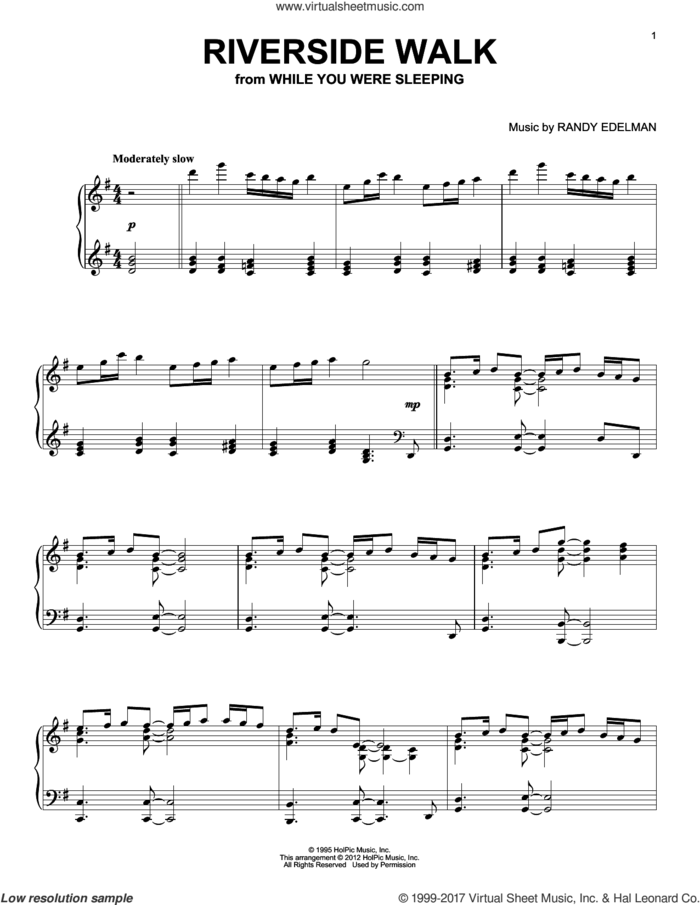 Riverside Walk sheet music for piano solo by Randy Edelman, intermediate skill level