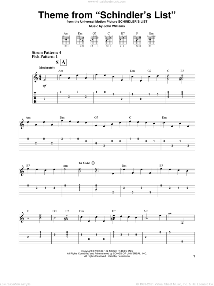 Theme From Schindler's List sheet music for guitar solo (easy tablature) by John Williams, easy guitar (easy tablature)
