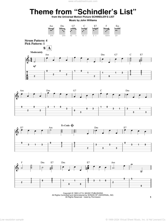 Theme From Schindler's List sheet music for guitar solo (easy tablature) by John Williams, easy guitar (easy tablature)