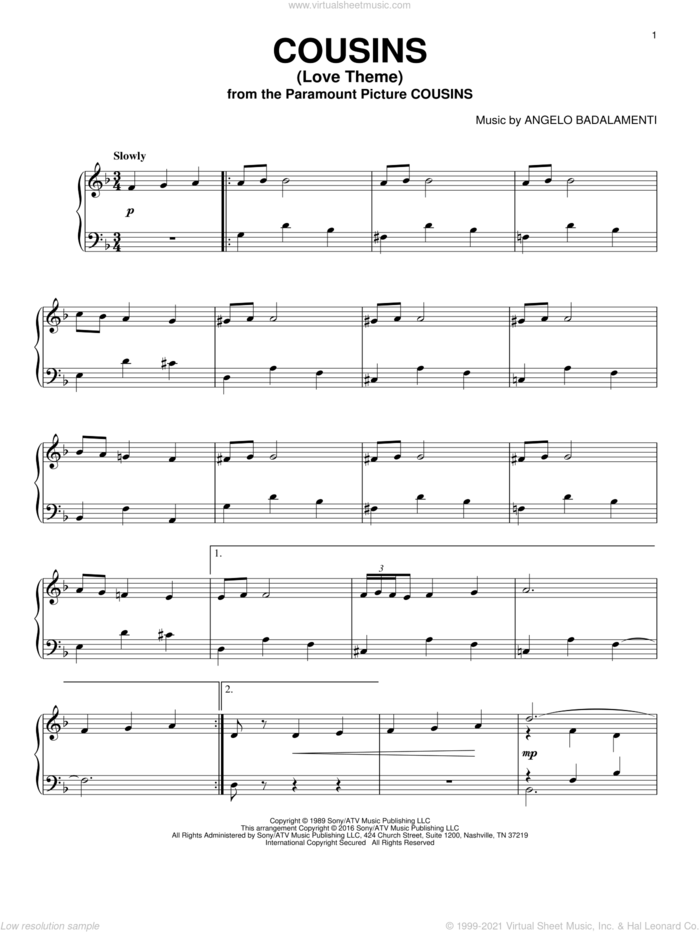 Cousins (Love Theme) sheet music for piano solo by Angelo Badalamenti, intermediate skill level