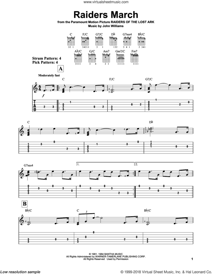 Raiders March sheet music for guitar solo (easy tablature) by John Williams, easy guitar (easy tablature)