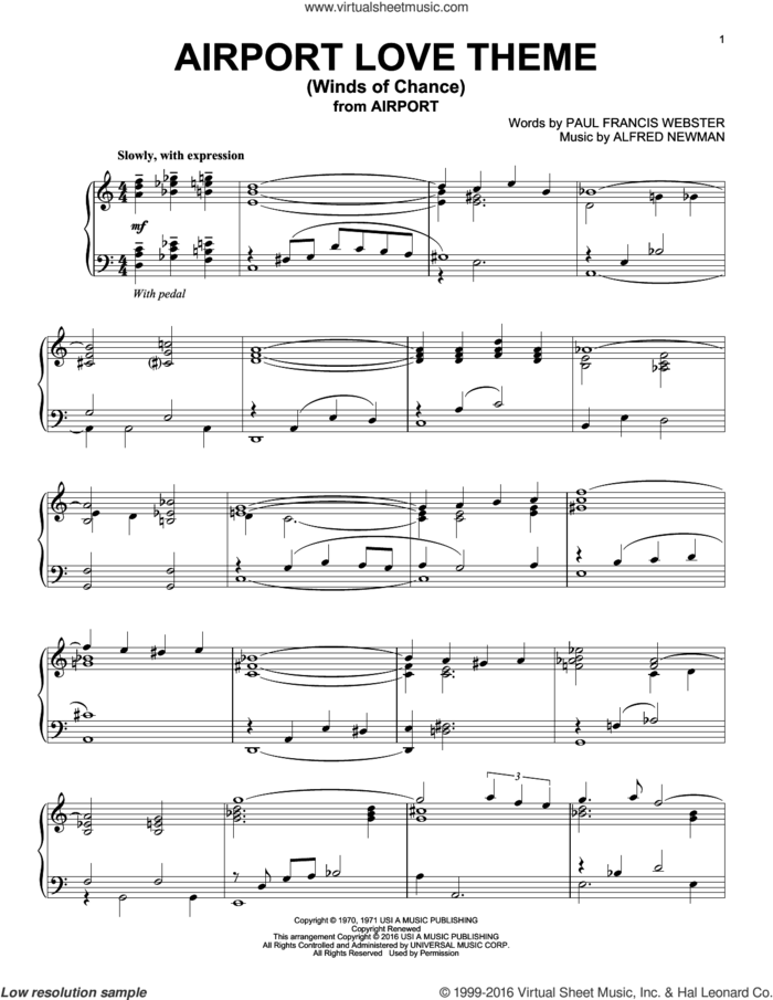 Airport Love Theme (Winds Of Chance) sheet music for piano solo by Vincent Bell, Alfred Newman and Paul Francis Webster, intermediate skill level