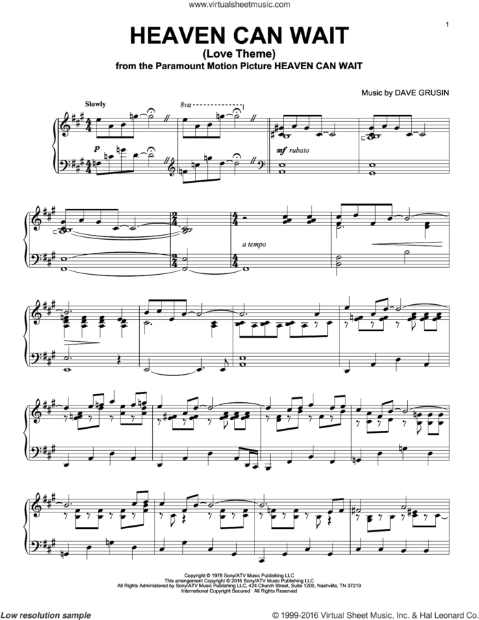 Heaven Can Wait (Love Theme) sheet music for piano solo by Dave Grusin, intermediate skill level