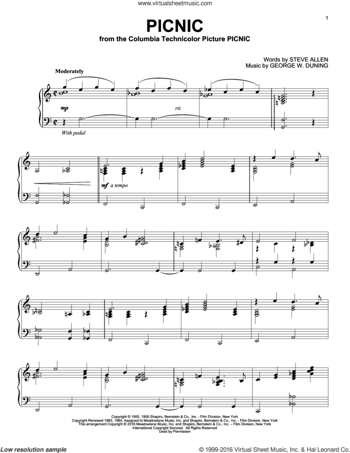 Picnic, (intermediate) sheet music for piano solo by Morris Stoloff, George W. Duning and Steve Allen, intermediate skill level