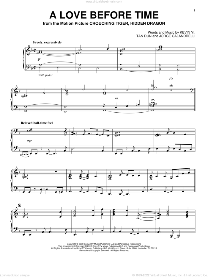 A Love Before Time sheet music for piano solo by Tan Dun, Jorge Calandrelli and Kevin Yi, intermediate skill level