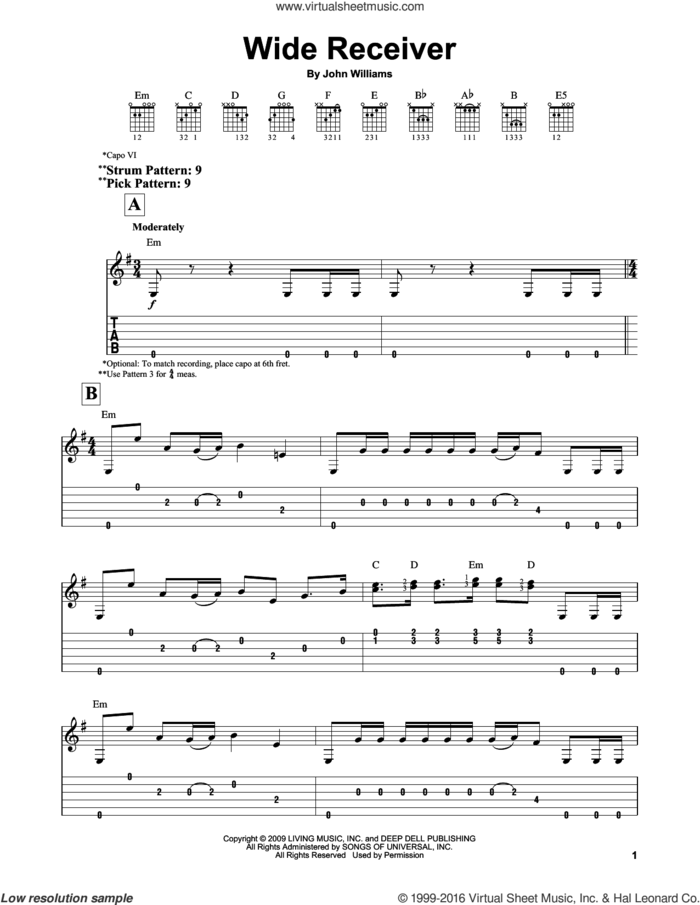 Wide Receiver sheet music for guitar solo (easy tablature) by John Williams, easy guitar (easy tablature)