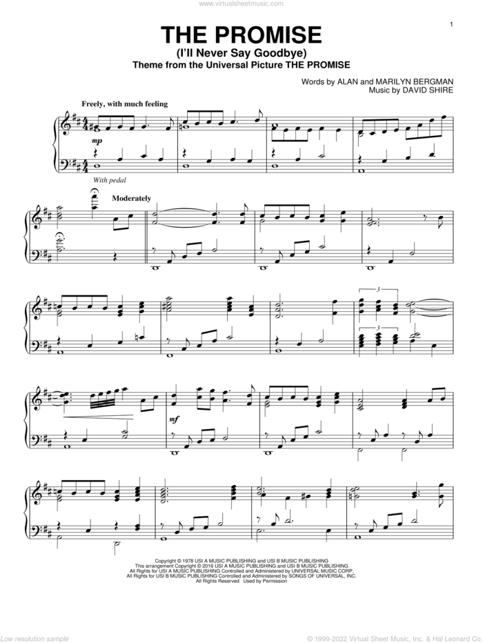 The Promise (I'll Never Say Goodbye) sheet music for piano solo by David Shire, Alan Bergman and Marilyn Bergman, intermediate skill level