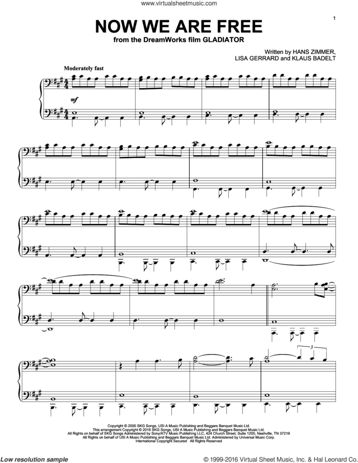 Now We Are Free sheet music for piano solo by Klaus Badelt, Hans Zimmer and Lisa Gerrard, intermediate skill level