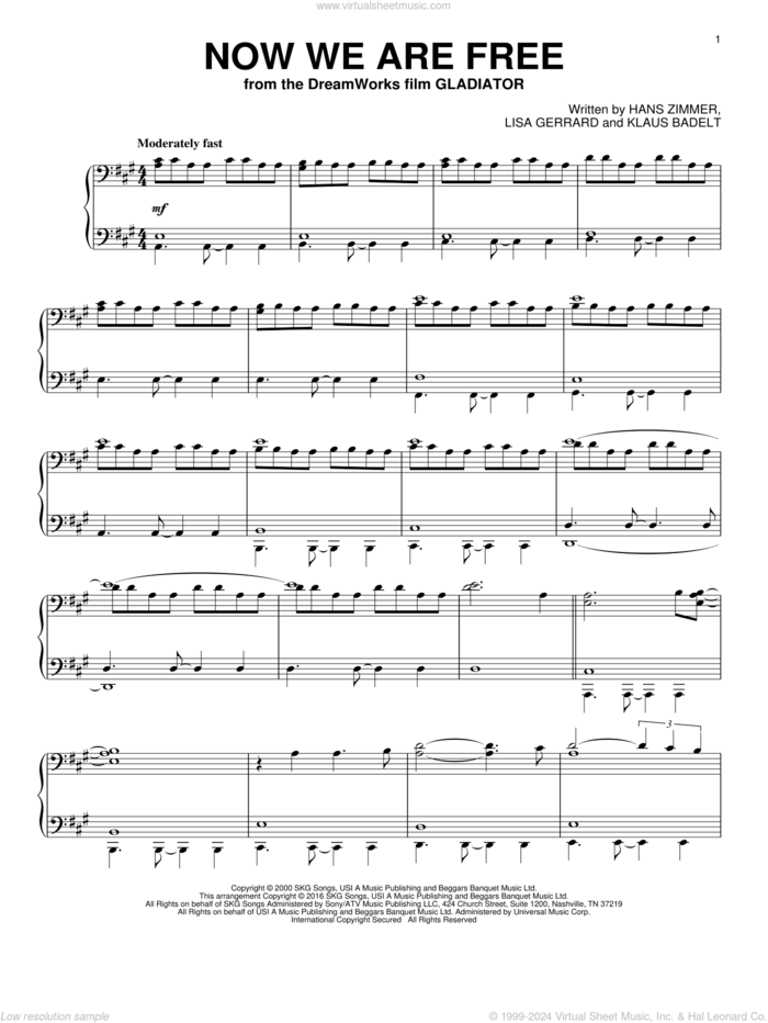 Now We Are Free sheet music for piano solo by Klaus Badelt, Hans Zimmer and Lisa Gerrard, intermediate skill level